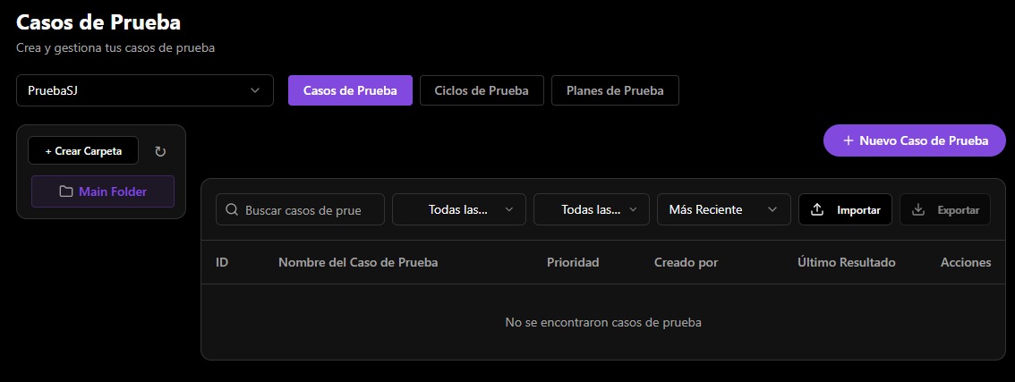 Vista de casos de prueba de K0lmena TMT