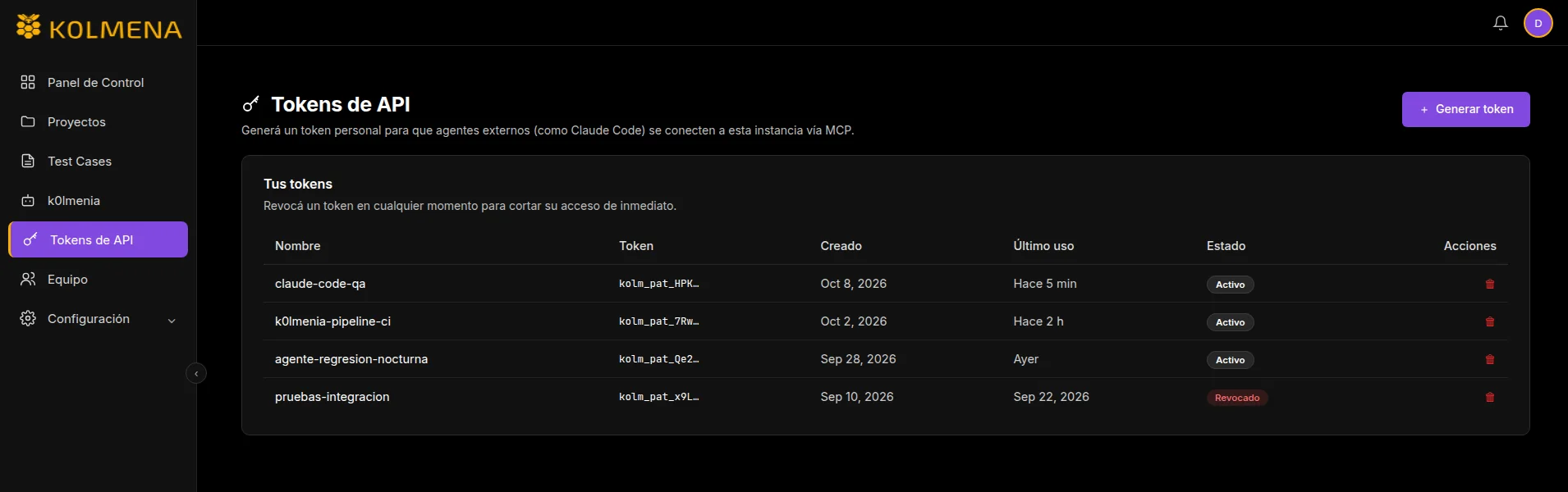 k0lmena TMT API Tokens section to connect agents via MCP